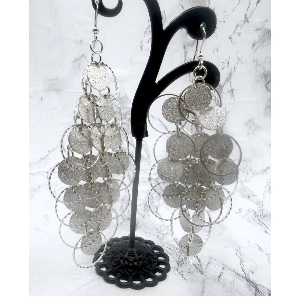 Silver Tone Hammered Circle Chandelier Earrings 4 Inch Pierced